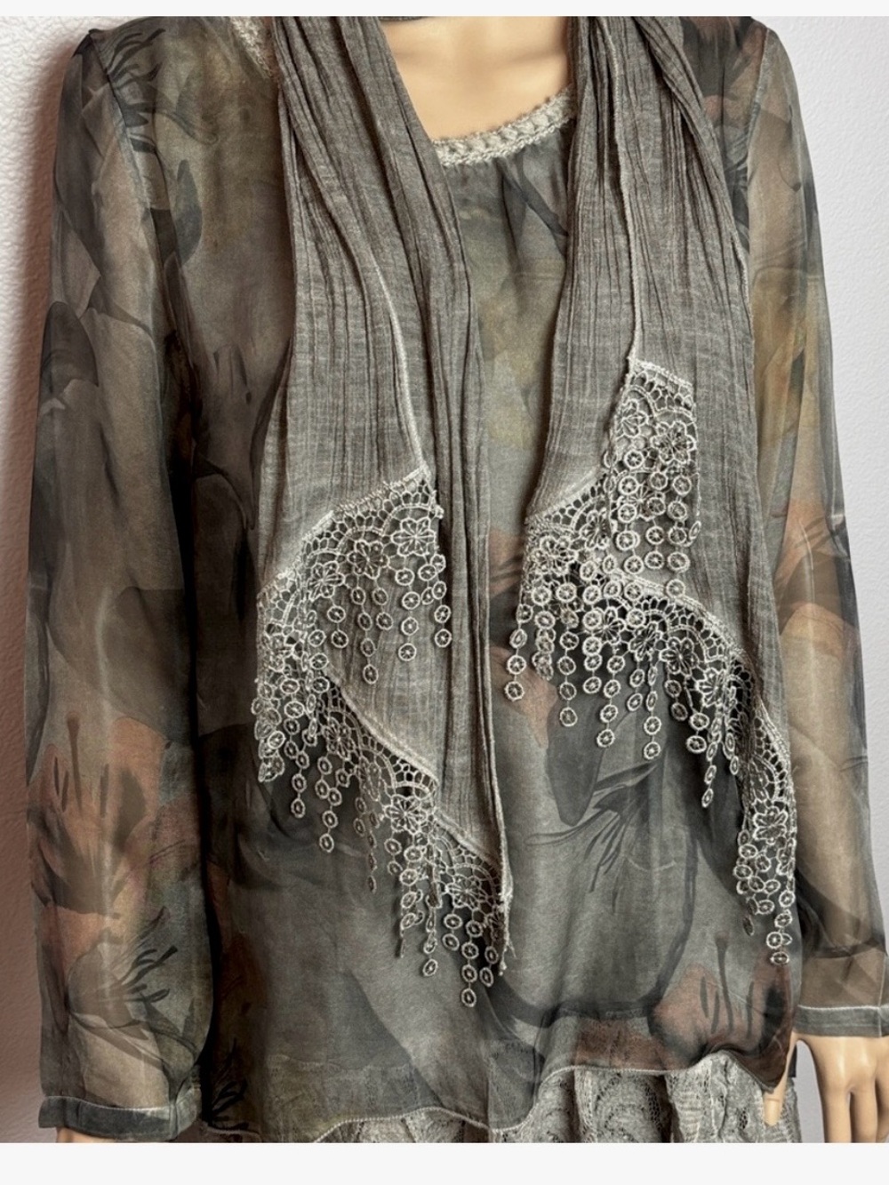 Flora Ashley chiffon fully lined blouse with sheer sleeves and bobbin lace scarf